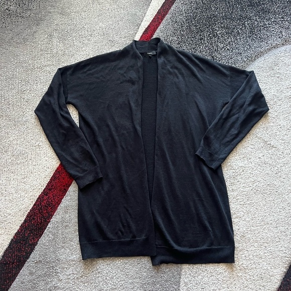 Theory Black Linen Blend Fishnet Knit Open Front Cardigan - Picture 1 of 4
